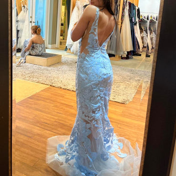 Niulatu V-neck Mermaid Blue Long Prom Dresses Applique Tulle Open Back Formal Dresses Blue Evening Dresses HZ1026